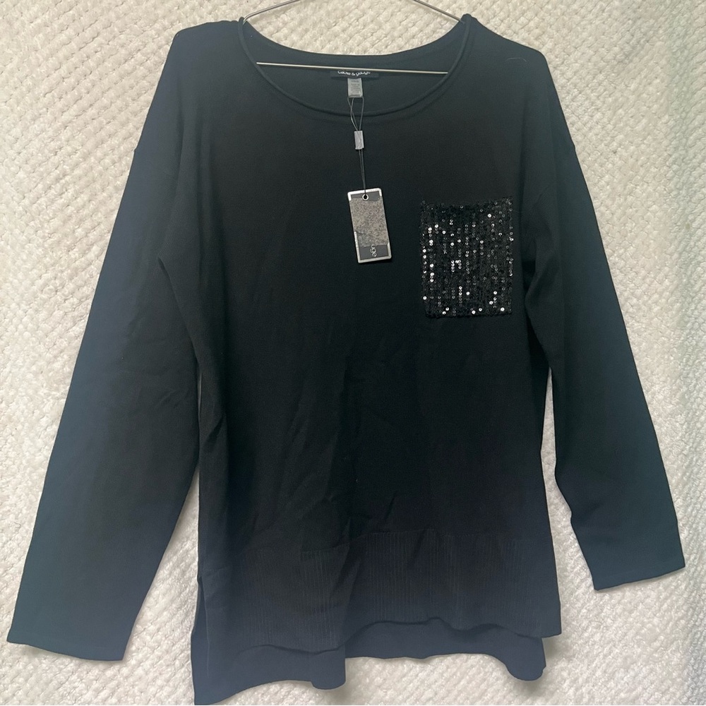 Cable & Gauge Black Long Sleeve Top with Sequin Pocket Timeless Womens Large